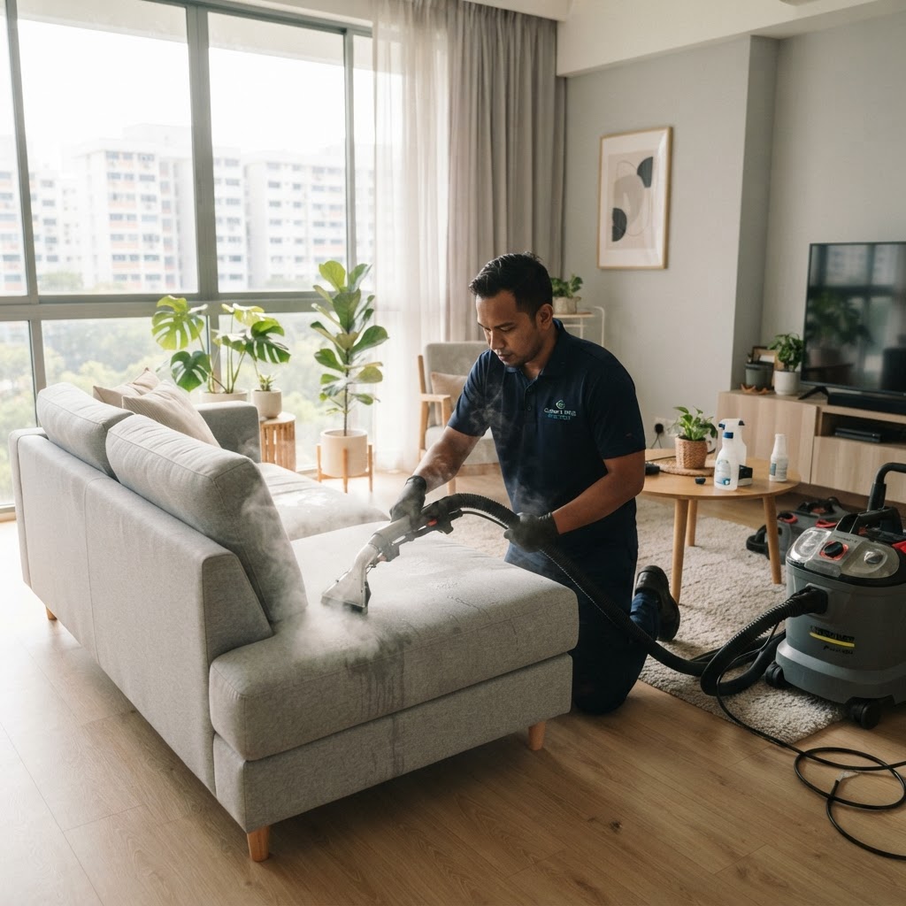 Professional washing a fabric sofa in a Singapore HDB living room using extraction cleaning equipment