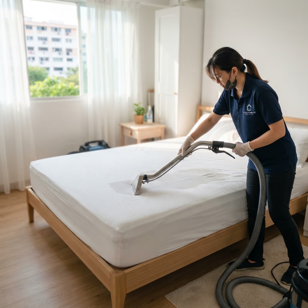 Professional mattress dust mite removal service in Singapore bedroom, technician using extraction equipment on a queen mattress