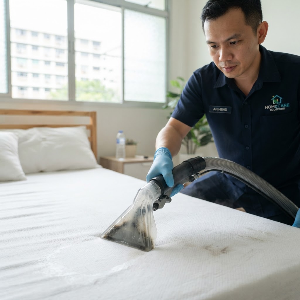 Professional removing urine stains and smell from a mattress in a Singapore HDB bedroom
