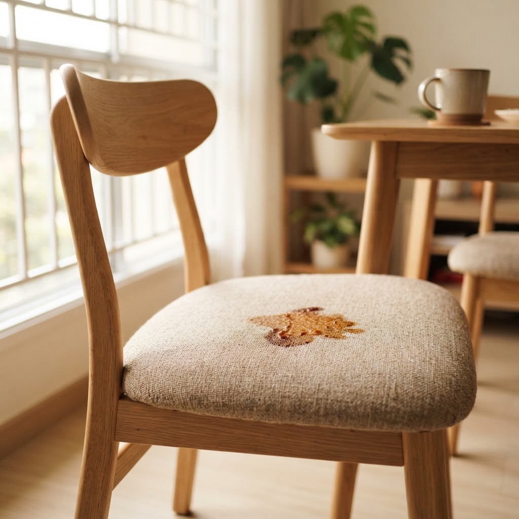 Fabric dining chair with stain being treated — dining chair upholstery stain removal in Singapore