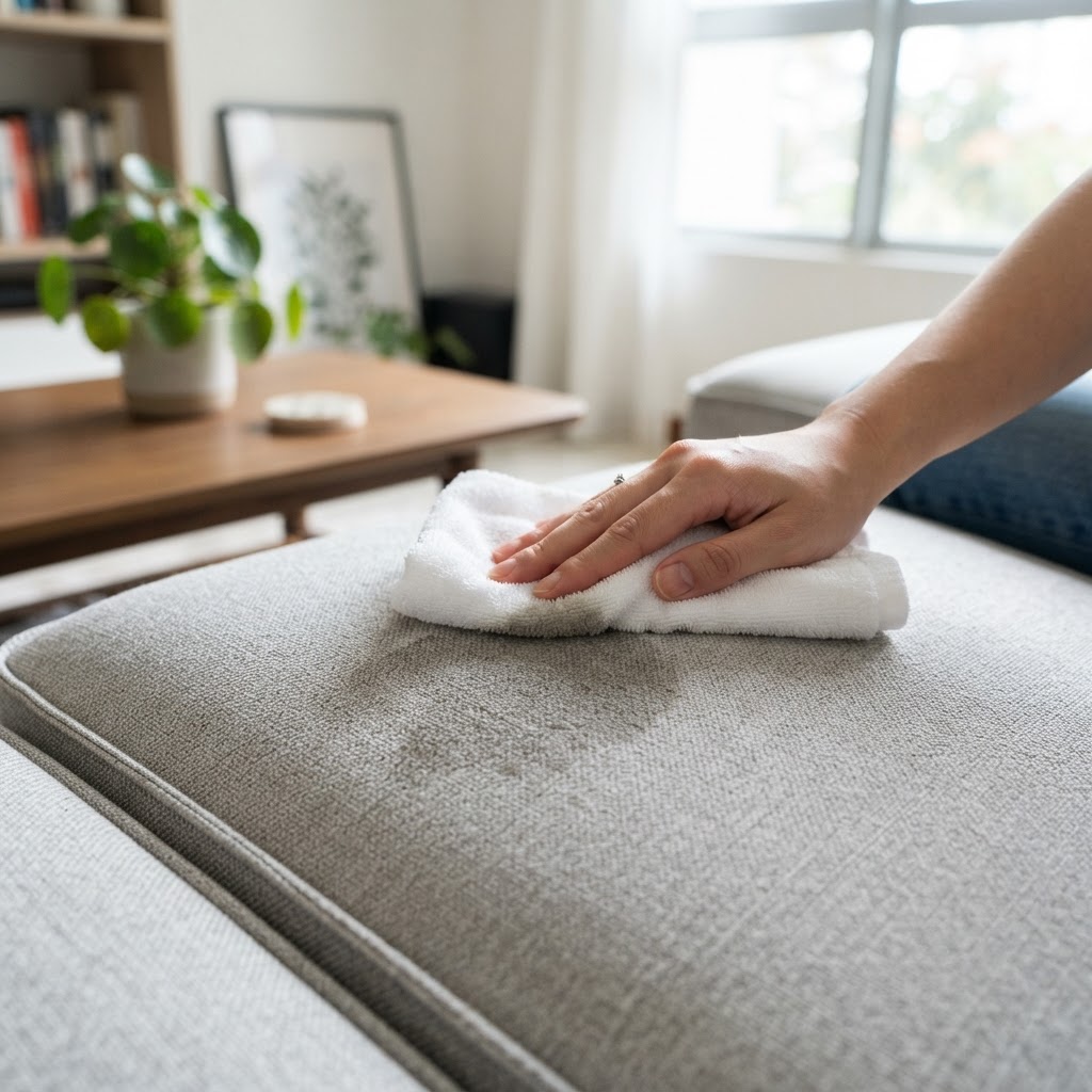 Professional cleaning vomit stain from a fabric sofa cushion in a Singapore home