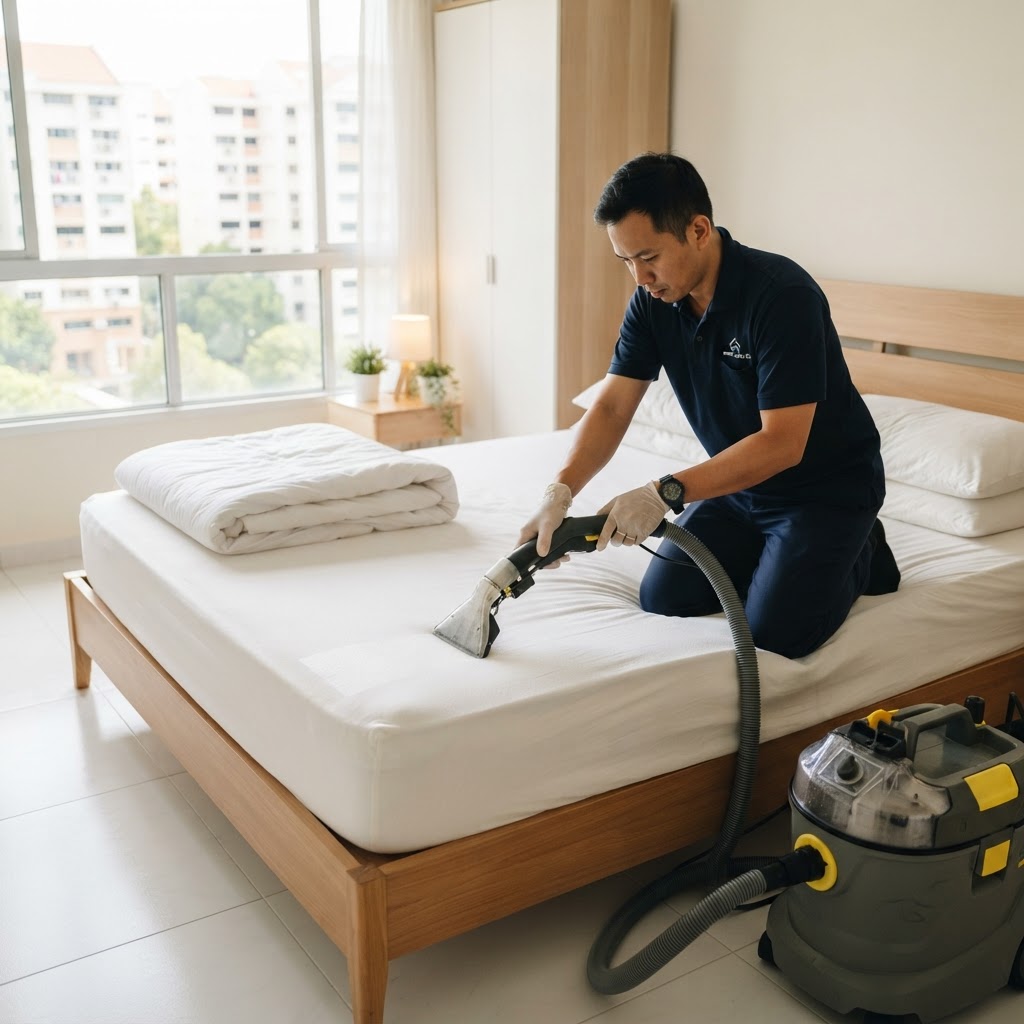 Professional technician performing the best mattress cleaning service in Singapore 2026 on a queen bed in a bright HDB bedroom