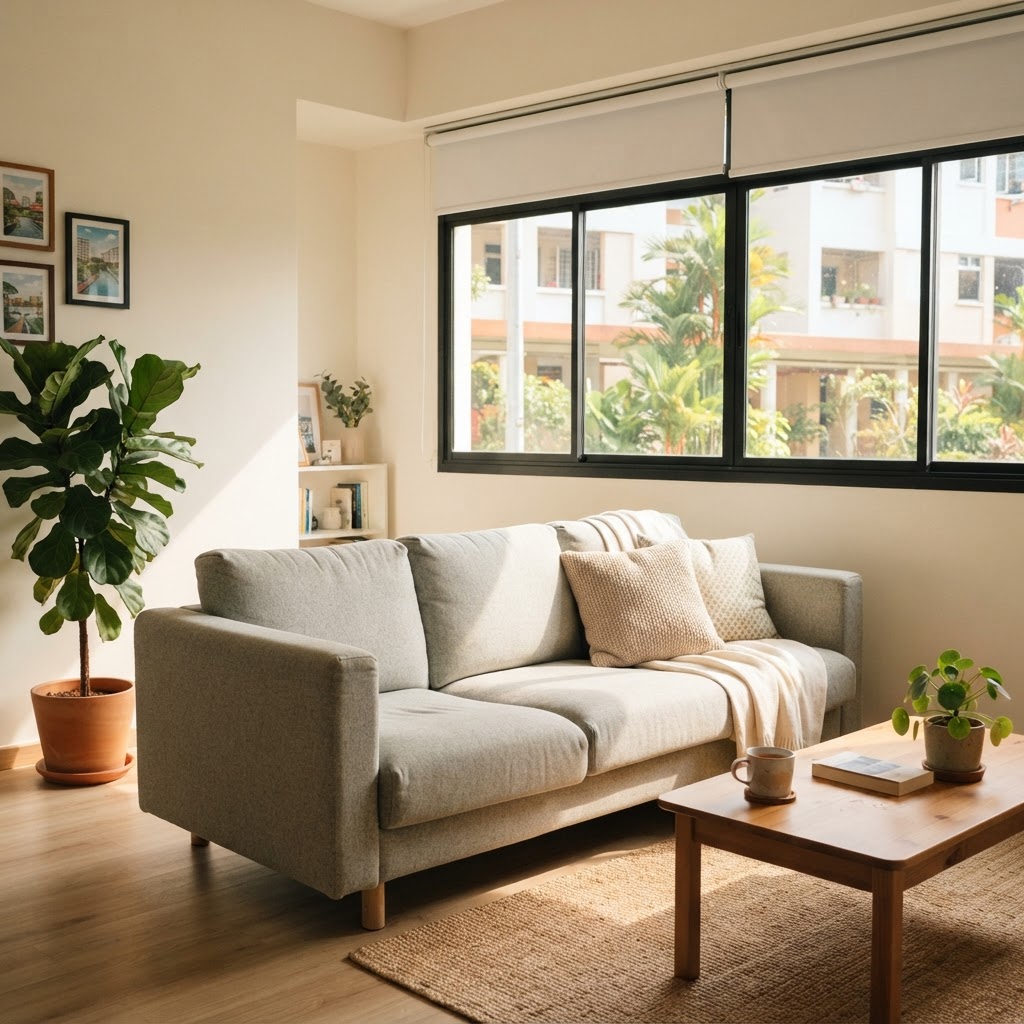 Easy clean fabric sofa in a bright Singapore HDB living room, well-maintained and spotless
