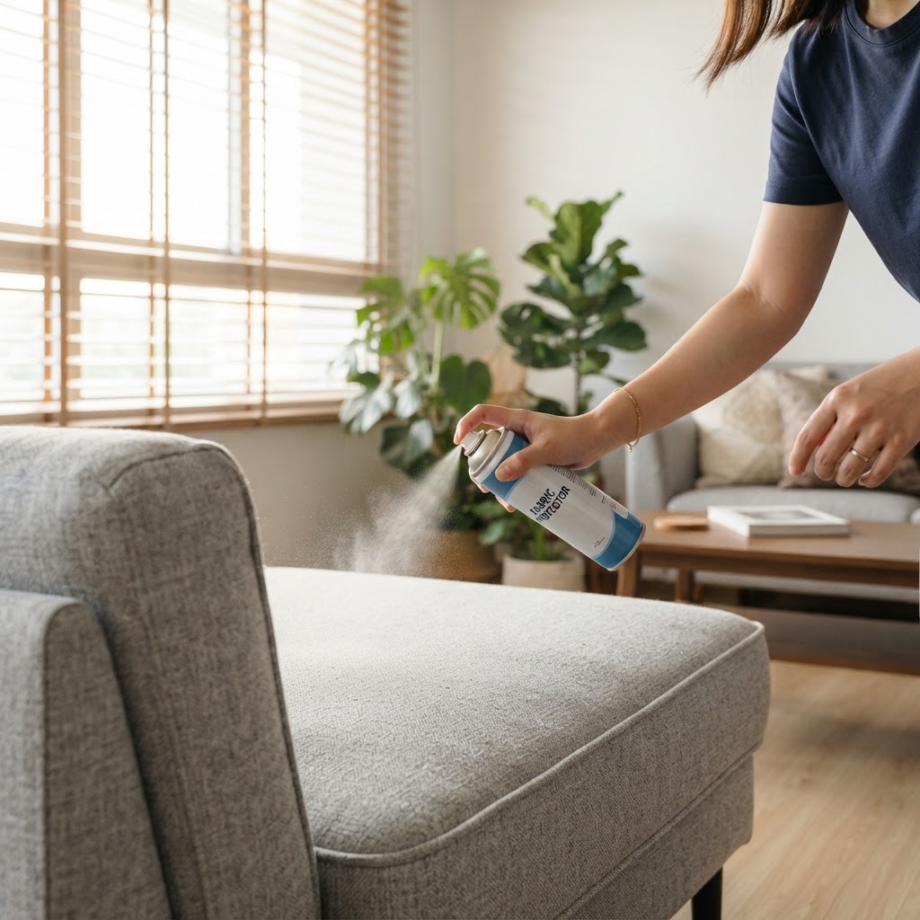 Professional applying fabric protection treatment after sofa cleaning on a grey fabric sofa in a Singapore home