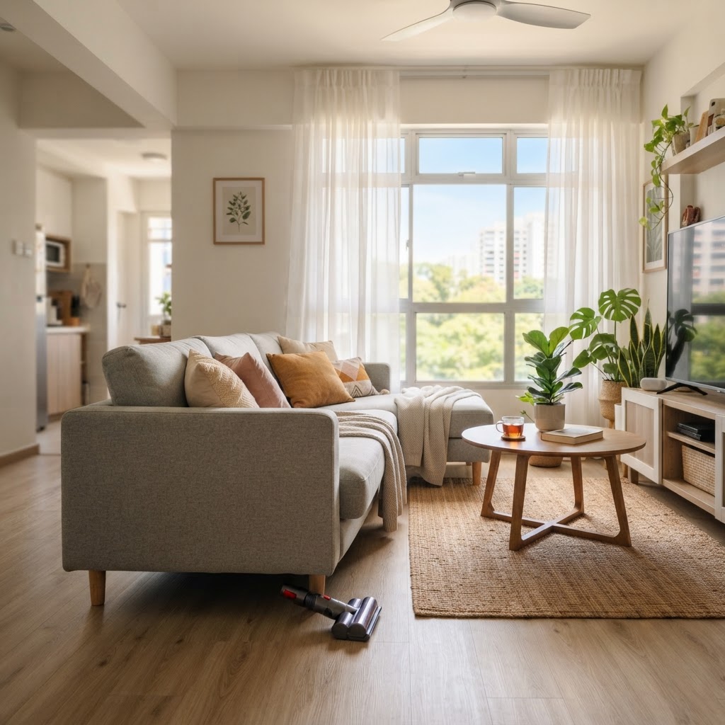 Homeowner maintaining a clean fabric sofa in a Singapore HDB flat, illustrating how to keep a sofa clean between professional visits