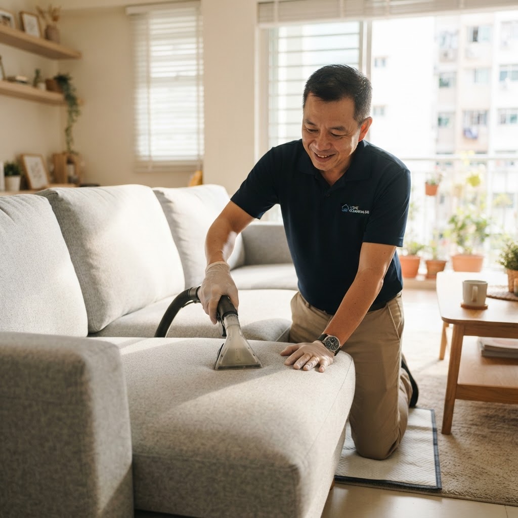 Fresh coffee spill on a fabric sofa in a Singapore home before professional cleaning
