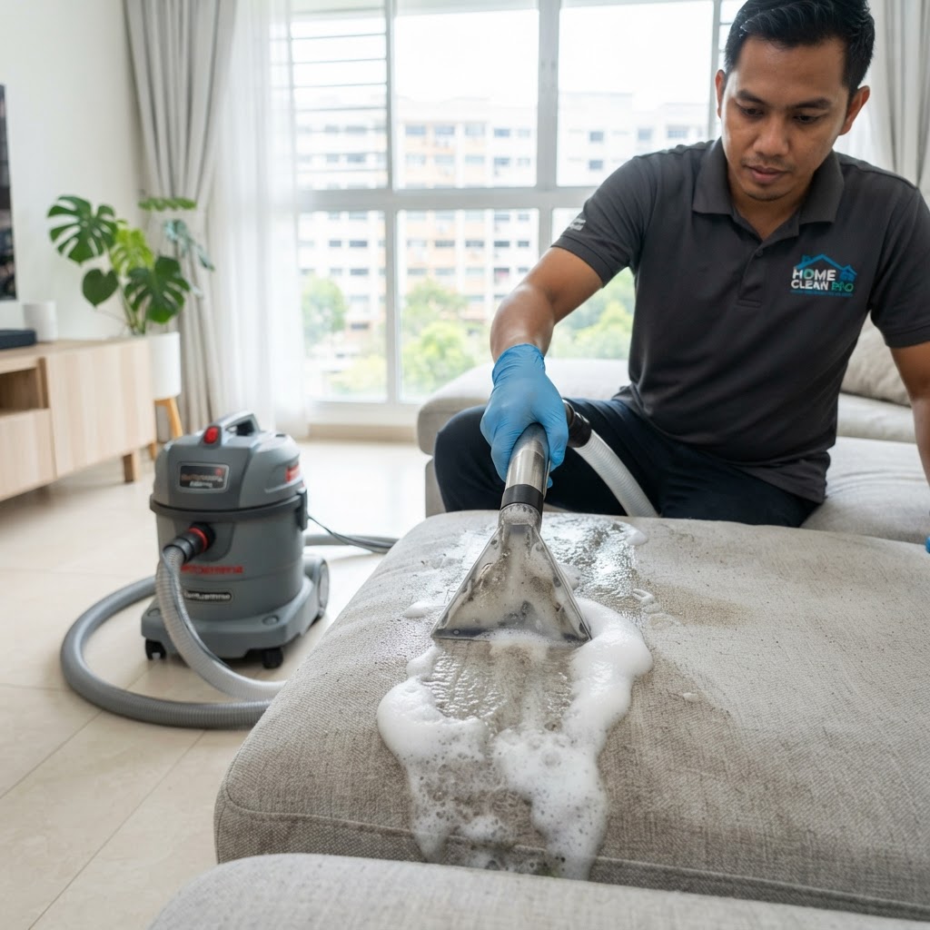 Professional couch deep cleaning service in Singapore using hot water extraction on a fabric sofa