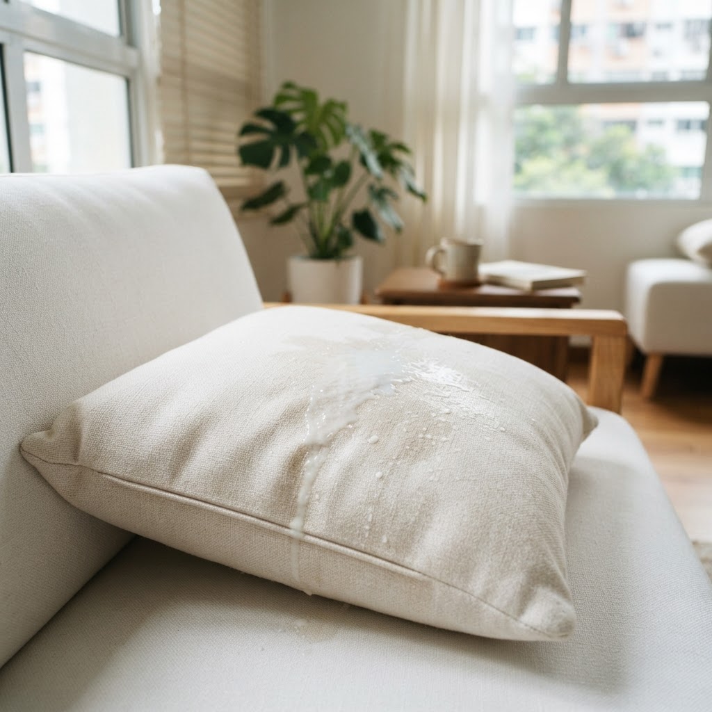 Fresh milk spill on a fabric sofa cushion in a Singapore home — milk spill on sofa cleaning Singapore