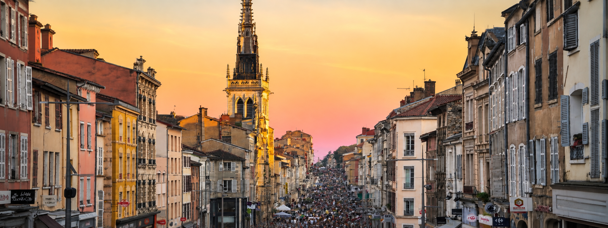 Rue principale de Villefranche-sur-Saône au coucher du soleil