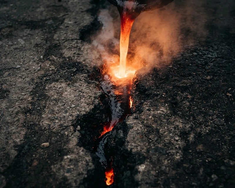 Macro shot of a crack being filled with molten tar