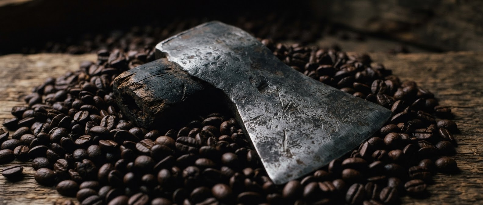 A weathered axe head resting on roasted coffee beans