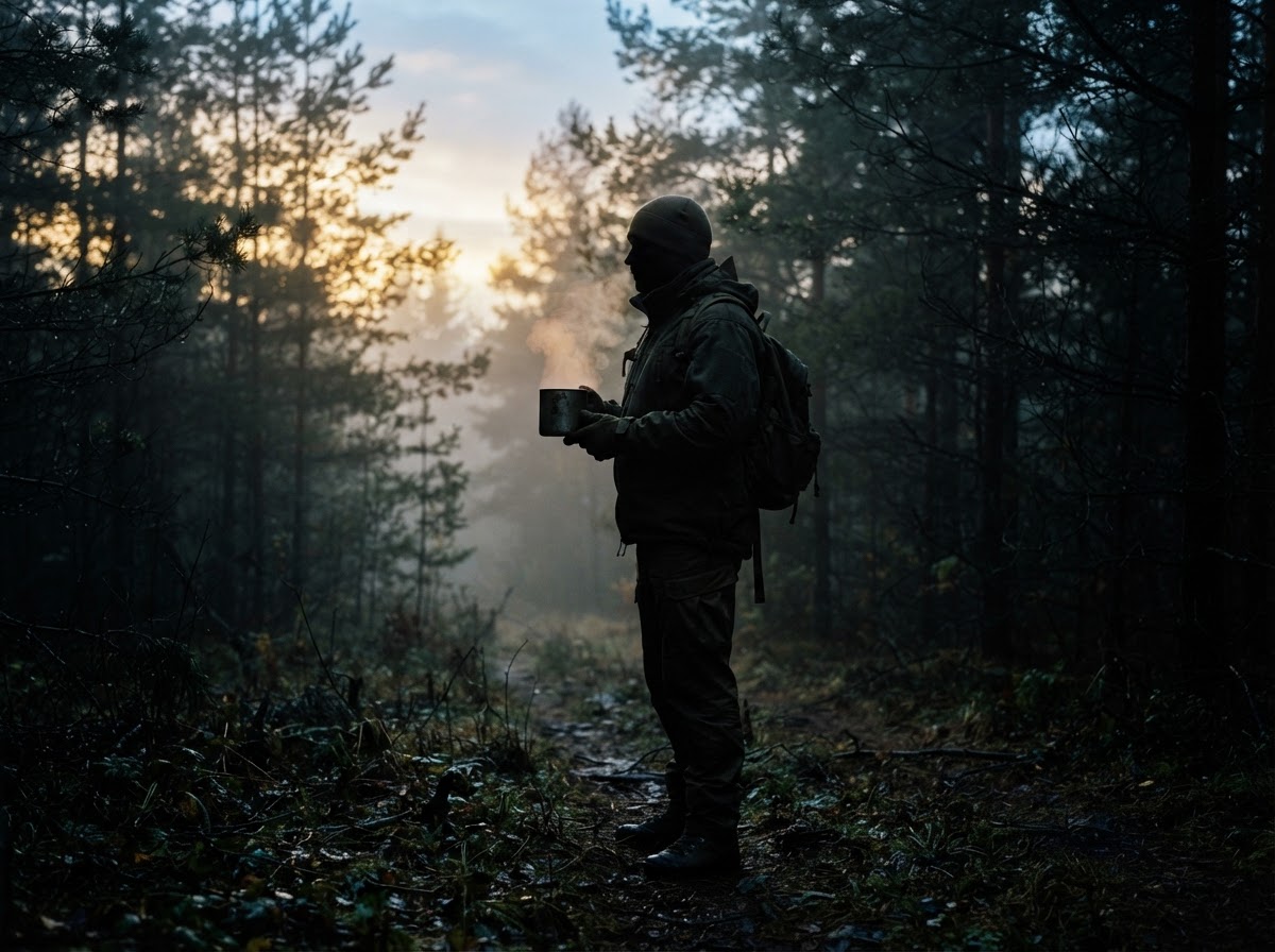 A veteran's silhouette in a misty forest at dawn