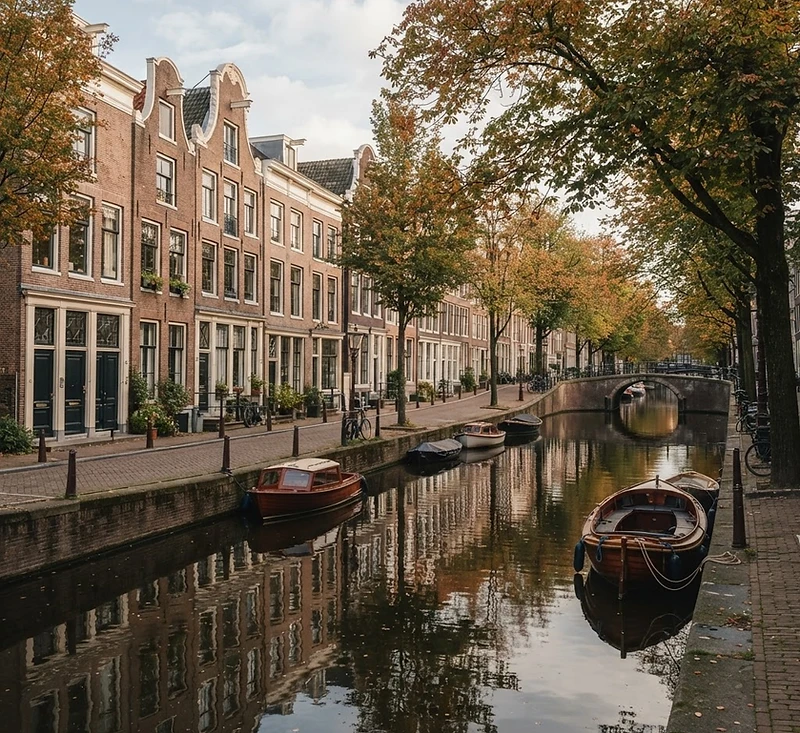 Quiet Amsterdam canal with elegant gabled houses