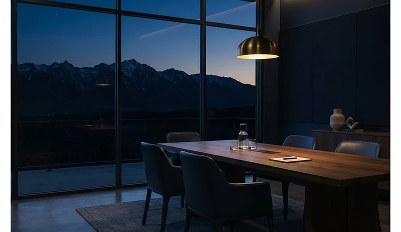 Minimalist meeting space in deep blue twilight with gold interior light
