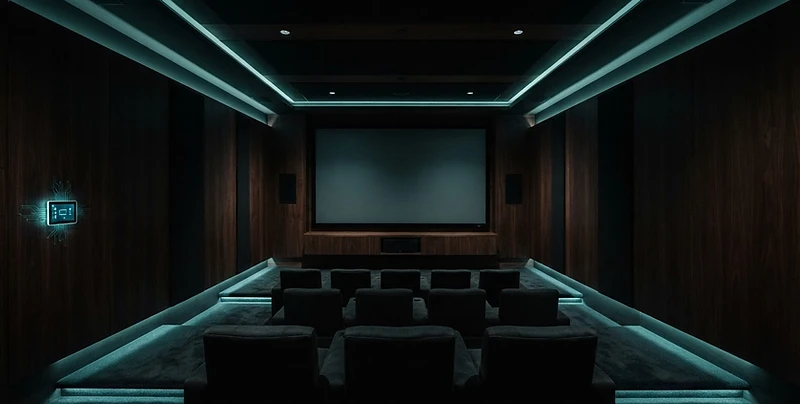 Minimalist home theater with hidden speakers and smart control pad