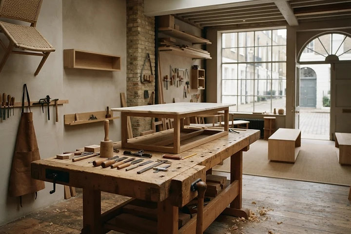 A workshop bench with hand tools and a honed stone table top