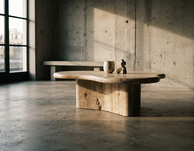 Monolith travertine coffee table in a concrete room lit by a single shaft of natural light