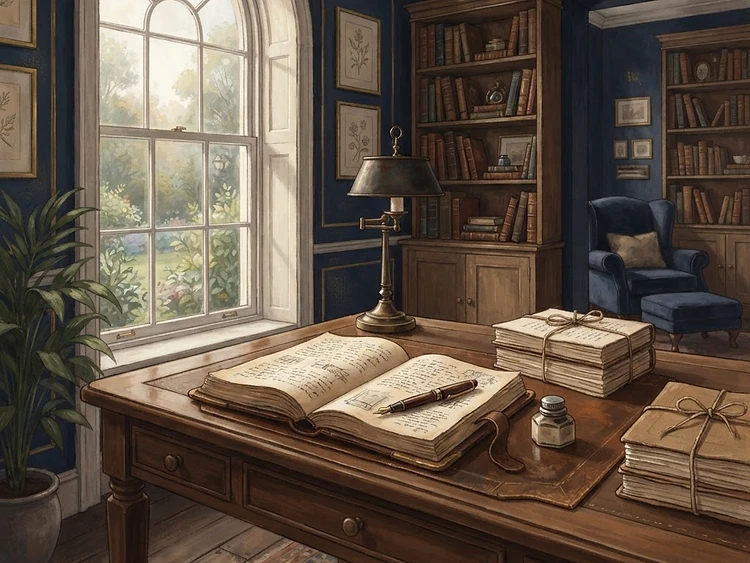 An elegant writing desk in a warm literary studio