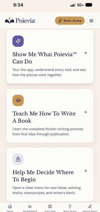 The Poievia™ home screen, showing the starting-point choices for new writers