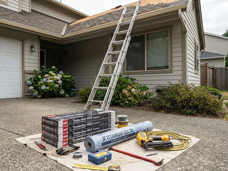 Roofing tools and materials organized on a job site