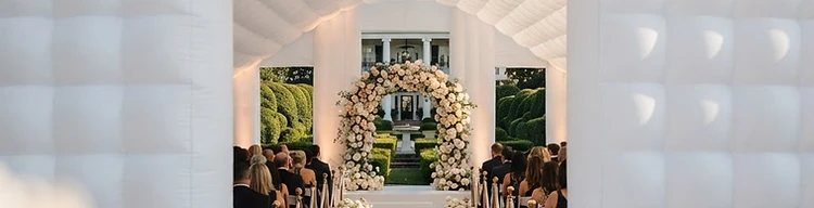 Illustration of a floral aisle runner with champagne gold stanchions inside a white inflatable wedding pavilion