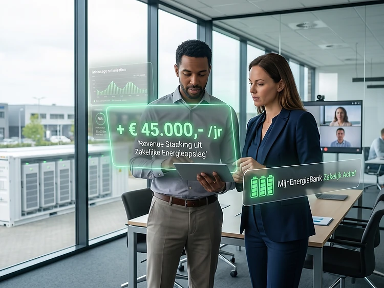 Industriële batterij-skid met zwevende ROI-dashboards