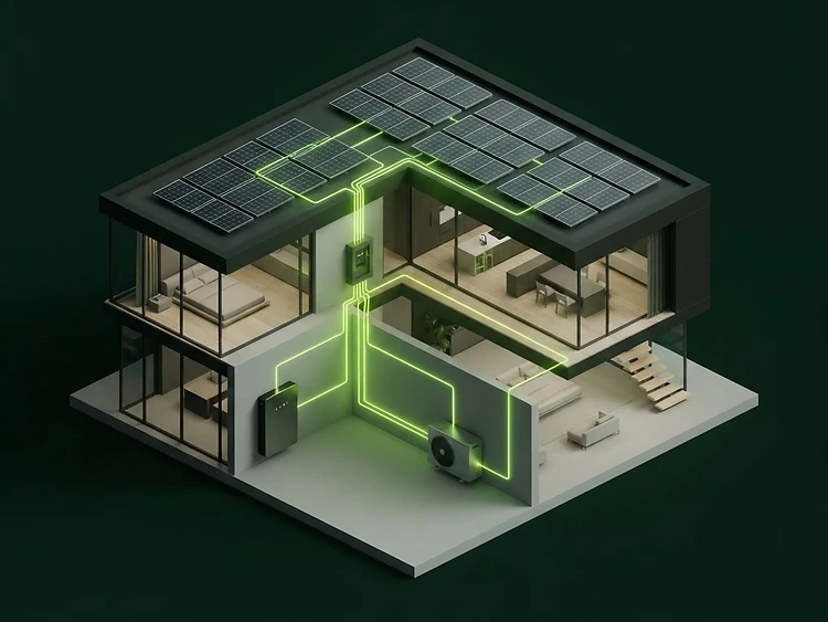 Abstracte 3D-render van een NOM-woning met zonnepanelen, batterij en warmtepomp verbonden via groene datalijnen