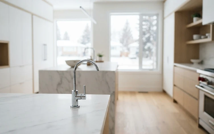 Minimalist Edmonton kitchen with a reverse osmosis faucet on the counter