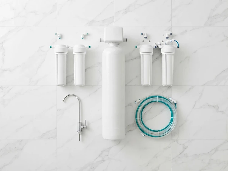 Water softener and reverse osmosis components arranged on white marble