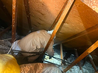Worker in white Tyvek suit crouching in attic space among wooden rafters, insulation, and electrical cables
