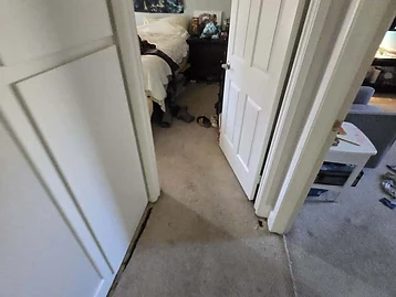 Bedroom viewed from hallway with forest tapestry on wall and ceiling inspection cutout visible