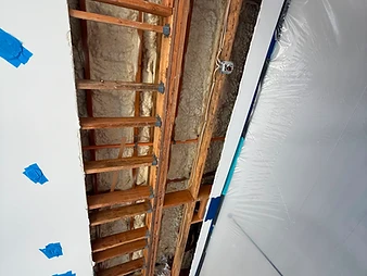 Ceiling opening exposed wooden joists with metal hangers, spray foam insulation, electrical junction box, and containment plastic