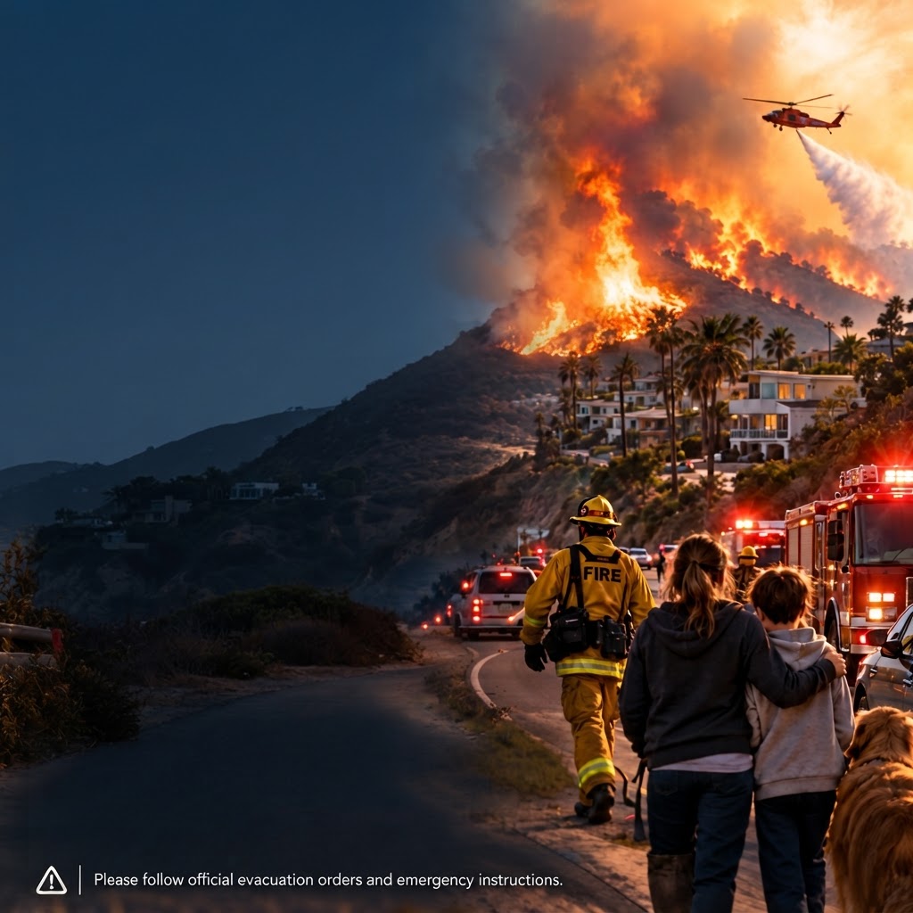 Firefighters and evacuating residents as a wildfire burns the Malibu hills