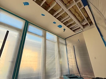 Room with ceiling drywall removed exposing joists and insulation, windows covered in plastic sheeting, and two dehumidifiers on floor