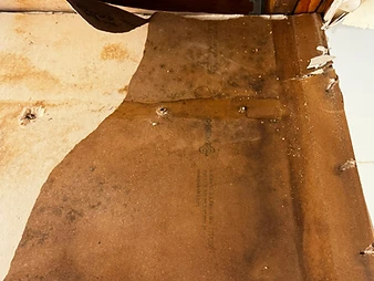 Close-up of water-damaged Georgia-Pacific drywall board with dark mold staining, torn away from ceiling structure
