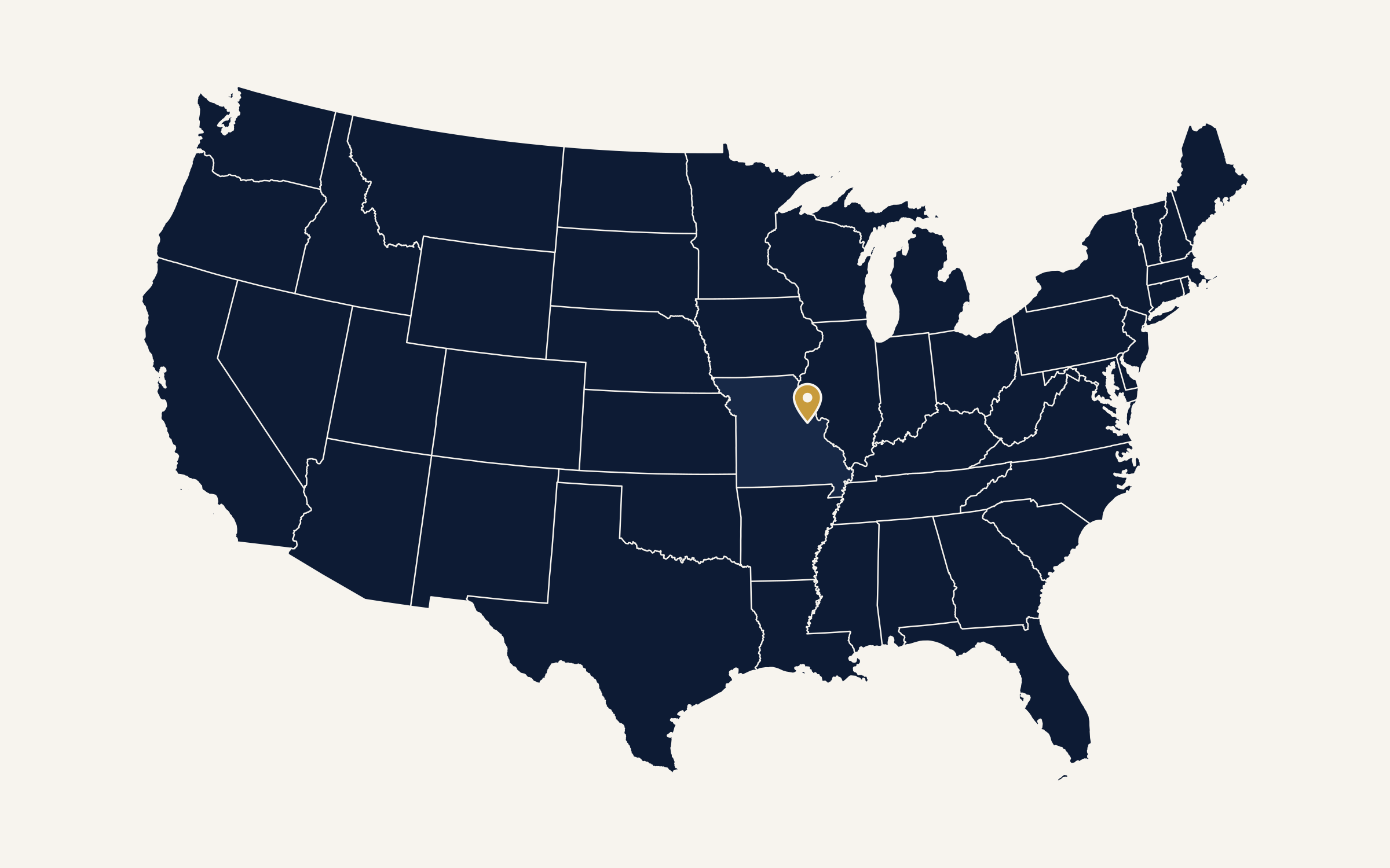 Map of the United States with a pinpoint at Warrenton, MO