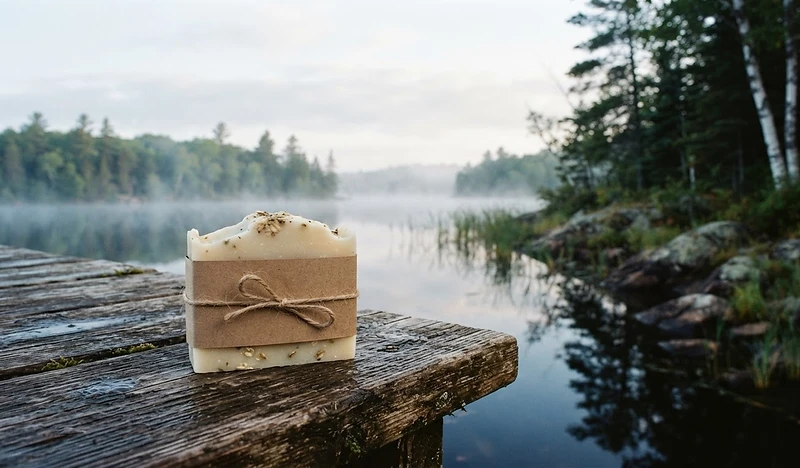 Handmade soap beside a misty Wisconsin lake