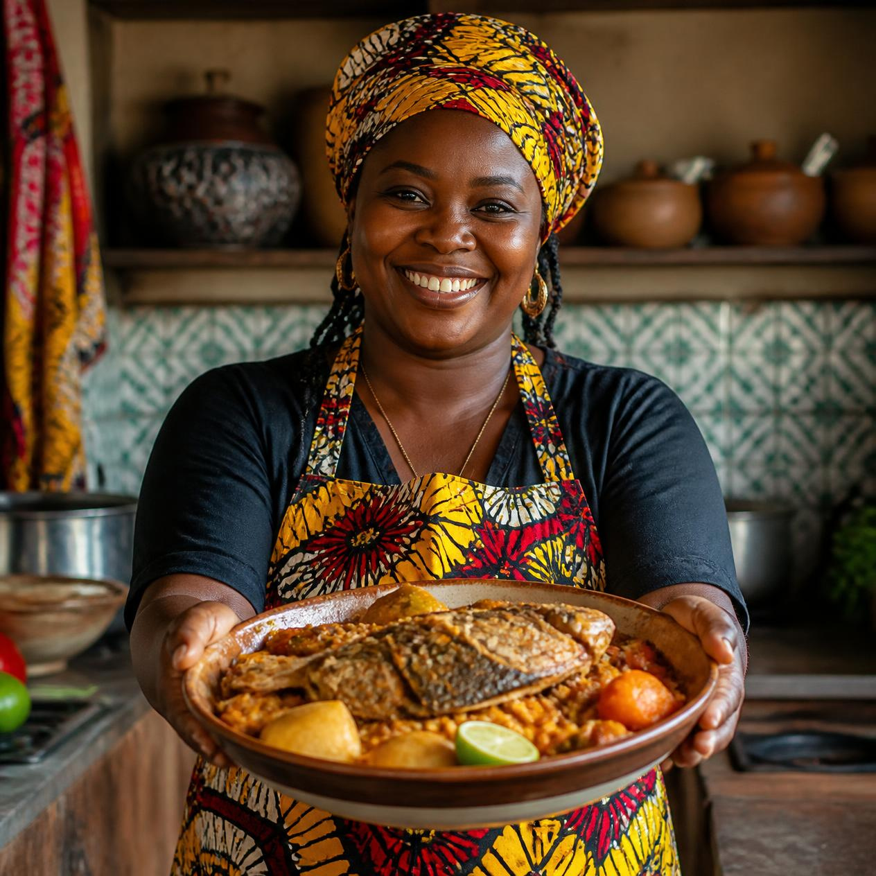 Une femme sénégalaise tient un plat traditionnel dans sa cuisine