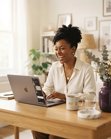 Woman entrepreneur laughing while checking her laptop
