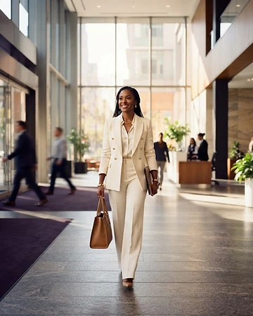 Woman entrepreneur walking confidently into a bright building