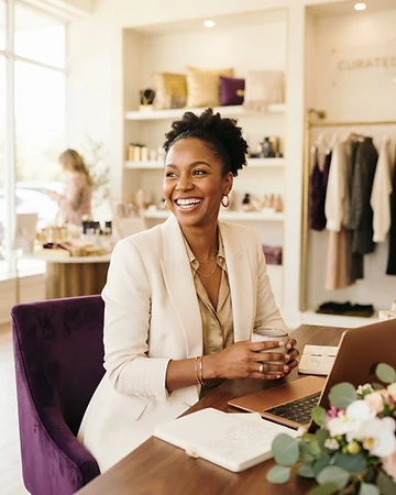 Woman entrepreneur smiling at her own success