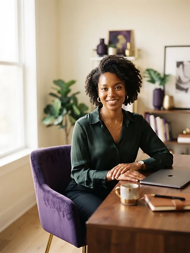 Confident woman entrepreneur in a sun-drenched home office