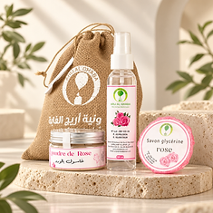 Coffret Rose — cosmétique naturelle du Maroc — Pochon de jute — 3 pièces — Arij Al Ghaba — coopérative Arij Al Ghaba, Maroc