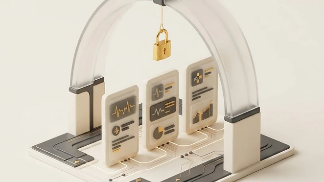 3D illustration of medical data tiles protected by a translucent arch and golden lock.