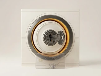 3D illustration of a vault door, key, and access card.