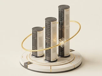 3D illustration of server towers surrounded by a golden data track.