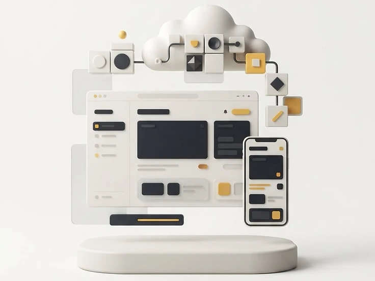 3D illustration of connected web, mobile, and cloud products in ivory and gold.