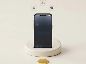 3D illustration of a smartphone in a curved dock with floating app tiles.
