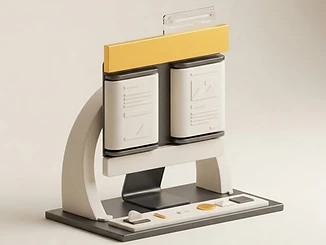 3D illustration of a website display supported by a sculptural arch.