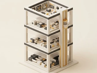 3D illustration of a tiered cabinet of connected software modules.